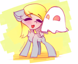 Size: 2597x2160 | Tagged: safe, artist:shavurrr, derpy hooves, ghost, pegasus, pony, undead, g4, blushing, cute, derpabetes, eyebrows, eyebrows visible through hair, eyes closed, female, floppy ears, high res, open mouth, signature, solo, spread wings, wings