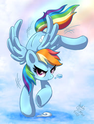 Size: 1590x2090 | Tagged: safe, artist:joakaha, rainbow dash, pegasus, pony, g4, cloud, female, flying, landing, looking at you, mare, signature, solo, spread wings, thought bubble, underhoof, wings