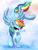 Size: 1590x2090 | Tagged: safe, artist:joakaha, rainbow dash, pegasus, pony, g4, cloud, female, flying, landing, looking at you, mare, signature, solo, spread wings, thought bubble, underhoof, wings