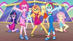 Size: 1310x736 | Tagged: safe, screencap, applejack, fluttershy, pinkie pie, rainbow dash, rarity, sci-twi, sunset shimmer, twilight sparkle, human, equestria girls, g4, i'm on a yacht, my little pony equestria girls: better together, dancing, humane five, humane seven, humane six, wallpaper, yacht