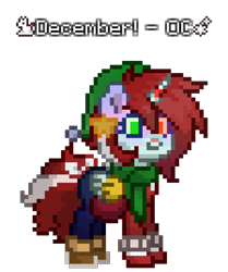 Size: 896x1072 | Tagged: safe, artist:thatmlpartist, oc, oc only, oc:december, alicorn, pony, pony town, alicorn oc, boots, christmas, clothes, female, hearth's warming, heterochromia, holiday, horn, scarf, shoes, simple background, solo, transparent background, wings