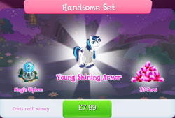 Size: 1267x857 | Tagged: safe, gameloft, shining armor, starlight glimmer, pony, unicorn, idw, my little pony: magic princess, official, bundle, bush, clothes, costs real money, english, gem, horn, idw showified, implied princess cadance, magic, male, messy mane, mobile game, necktie, numbers, sale, shirt, solo, solo focus, stallion, text
