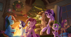 Size: 2700x1420 | Tagged: safe, artist:emeraldgalaxy, applejack, fluttershy, pinkie pie, rainbow dash, rarity, spike, twilight sparkle, dragon, earth pony, pegasus, pony, unicorn, g4, applejack's hat, chair, chest fluff, christmas, christmas tree, christmas wreath, couch, cowboy hat, ear fluff, eye clipping through hair, eyebrows, eyebrows visible through hair, eyes closed, female, fire, fireplace, folded wings, freckles, glowing, glowing horn, hat, hearth's warming eve, holiday, horn, indoors, levitation, looking at you, magic, magic aura, male, mane seven, mane six, mare, night, one eye closed, open mouth, present, raised hoof, septet, signature, sitting, smiling, smiling at you, snow, telekinesis, tree, window, wings, wink, winking at you, wreath