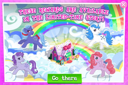 Size: 1962x1302 | Tagged: safe, gameloft, blue belle, heart throb, majesty, powder, earth pony, pegasus, pony, unicorn, g1, g4, idw, my little pony: magic princess, official, advertisement, bow, english, female, group, horn, idw showified, mare, mobile game, tail, tail bow, text, wings
