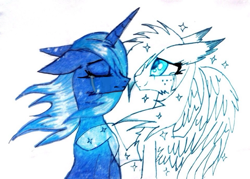 Size: 960x686 | Tagged: safe, artist:hysteriana, oc, ghost, ghost pony, pegasus, pony, undead, unicorn, bluestar, crying, duo, duo female, fantasy class, female, folded wings, freckles, horn, light skin, old art, pegasus oc, photoshop, ponified, sad, siblings, simple background, sisters, snow, snowfall, snowfur, sorrow, traditional art, unicorn oc, warrior cats, white background, wind, wings