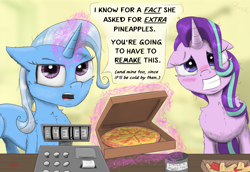 Size: 2300x1584 | Tagged: safe, artist:chopsticks, starlight glimmer, trixie, pony, unicorn, blushing, cash register, cheek fluff, chest fluff, comic, dialogue, duo, duo female, female, floppy ears, food, karen, looking at you, magic, mare, pineapple, pineapple pizza, pizza, pizza box, talking to viewer, telekinesis, text, that pony sure does love pineapple pizza, tip jar, wide smile