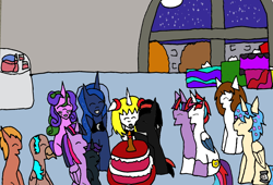 Size: 1336x907 | Tagged: safe, artist:ask-luciavampire, princess luna, twilight sparkle, oc, oc:nyx, alicorn, earth pony, pegasus, pony, undead, unicorn, vampire, birthday, birthday cake, cake, food