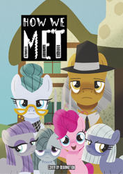 Size: 1920x2715 | Tagged: safe, artist:bearmation, cloudy quartz, igneous rock pie, limestone pie, marble pie, maud pie, pinkie pie, earth pony, pony, comic:how we met, g4, american gothic, female, filly, filly limestone pie, filly marble pie, filly maud pie, filly pinkie pie, foal, high res, male, mare, pie family, pie sisters, siblings, sisters, stallion, younger