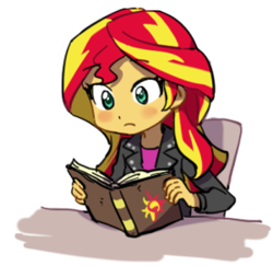 Size: 500x485 | Tagged: safe, artist:baekgup, sunset shimmer, human, equestria girls, g4, blushing, cropped, cute, friendship journal, journal, reading, shimmerbetes, simple background, solo, white background