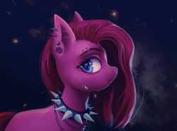 Size: 2231x1651 | Tagged: safe, artist:bananitryi, pinkie pie, earth pony, pony, g4, alternate hairstyle, blue eyes, chains, choker, collar, crying, ear piercing, eyebrow piercing, eyebrows, eyelashes, gauges, piercing, pink coat, pink hair, pinkamena diane pie, punk, punkie pie, snout, solo, spiked choker, spiked collar, straight hair
