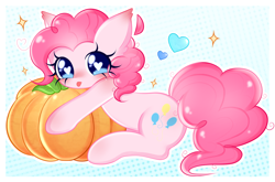Size: 1642x1084 | Tagged: safe, artist:arwencuack, pinkie pie, earth pony, pony, g4, :p, arwencuack is trying to murder us, cute, diapinkes, heart, heart eyes, looking at you, pumpkin, simple background, solo, tongue out, wingding eyes