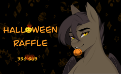 Size: 2592x1572 | Tagged: safe, artist:orhi_fw, oc, oc only, oc:nightdare, bat pony, pony, halloween, holiday, male, prize, pumpkin, raffle, solo