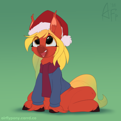 Size: 1200x1200 | Tagged: safe, artist:airfly-pony, oc, oc only, earth pony, 2020, christmas, clothes, ear fluff, female, gradient background, hat, holiday, looking up, patreon, patreon reward, santa hat, scarf, smiling, solo, sweater