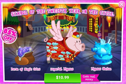 Size: 1000x662 | Tagged: safe, gameloft, flying pig, pig, pigasus, my little pony: magic princess, animal, clothes, cloven hooves, costs real money, english, hat, mobile game, text, unnamed character
