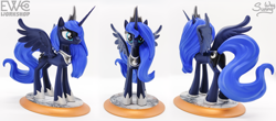 Size: 2000x880 | Tagged: safe, artist:ewc workshop, artist:sunny way, princess luna, alicorn, pony, g4, 3d print, art, artwork, concave belly, craft, crown, female, figurine, happy, hoof shoes, horn, irl, jewelry, long horn, long tail, mare, painting, photo, princess shoes, regalia, sculpture, slim, smiling, solo, statue, tail, thin, wings