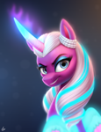 Size: 1500x1950 | Tagged: safe, artist:luminousdazzle, opaline arcana, alicorn, pony, g5, blue eyes, braid, bust, eyeshadow, female, glowing, glowing horn, glowing mane, glowing wings, grin, horn, looking at you, makeup, mare, portrait, simple background, smiling, smiling at you, solo, wings