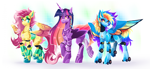 Size: 2830x1302 | Tagged: safe, artist:buvanybu, fluttershy, rainbow dash, twilight sparkle, alicorn, pegasus, pony, robot, robot pony, flutterbot, rainbot dash, roboticization, trio, twibot, twilight sparkle (alicorn)