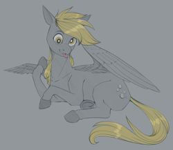 Size: 1500x1300 | Tagged: safe, artist:stray prey, derpy hooves, pegasus, pony, g4, :p, blushing, derp, frog (hoof), gray background, lying down, partially open wings, raspberry, simple background, smiling, solo, tongue out, underhoof, wings