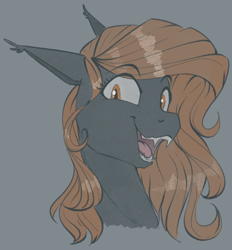 Size: 650x700 | Tagged: safe, artist:stray prey, oc, oc only, oc:flare, bat pony, pony, bat pony oc, bust, ears back, eyebrows, eyebrows visible through hair, fangs, gray background, happy, looking at you, open mouth, open smile, simple background, smiling, solo