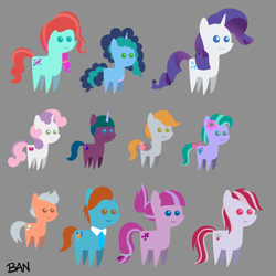 Size: 3000x3000 | Tagged: safe, artist:banquo0, ferris, jazz hooves, misty brightdawn, rarity, seashell (g5), sugar moonlight, sweetie belle, sweets (g5), toots, earth pony, pegasus, pony, unicorn, g4, g5, female, filly, filly misty brightdawn, foal, frown, gray background, high res, jazz has no ears, no ears, one of these things is not like the others, pippsqueaks, pointy ponies, simple background, smiling, younger