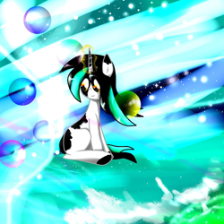 Size: 1024x1024 | Tagged: safe, artist:glazebittersweet, oc, oc:evening lake, oc:lake, pony, unicorn, abstract background, amber eyes, blank flank, bubble, colored, digital art, female, filly, foal, full color, horn, light skin, ocean, old art, old design, sitting, solo, sparkles, spots, spotted, unicorn oc, water