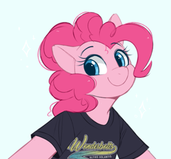Size: 869x809 | Tagged: safe, artist:higglytownhero, pinkie pie, earth pony, pony, semi-anthro, g4, bust, closed mouth, clothes, eyebrows, eyebrows visible through hair, eyes open, female, looking at you, mare, shirt, simple background, smiling, smiling at you, solo, spread arms, t-shirt, translated in the comments, wonderbolts