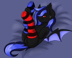 Size: 829x662 | Tagged: safe, artist:woofpoods, oc, oc only, oc:ravenheart, alicorn, bat pony, bat pony alicorn, hybrid, pony, bat wings, bed, butt, clothes, horn, lying down, male, mismatched socks, on back, on bed, plot, red eyes, socks, solo, striped socks, tail, two toned mane, two toned tail, wings