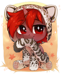 Size: 1650x2000 | Tagged: source needed, safe, artist:anku, oc, oc only, oc:hardy, alicorn, big cat, leopard, pony, snow leopard, animal costume, autumn, behaving like a cat, biting, cat costume, cat ears, cat tail, chibi, clothes, cosplay, costume, fluffy tail, foal, looking at you, male, paw pads, paws, pleased, sparkly eyes, stallion, suit, tail, tail bite, wingding eyes