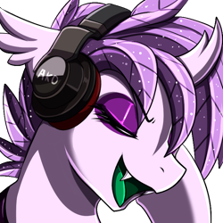 Size: 700x700 | Tagged: safe, artist:pridark, oc, oc only, oc:elytra, changedling, changeling, eyes closed, fangs, headphones, open mouth, open smile, purple changeling, simple background, smiling, solo, transparent background, white changeling