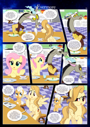 Size: 3259x4607 | Tagged: safe, artist:estories, discord, fluttershy, oc, oc:alice goldenfeather, oc:fable, draconequus, pegasus, pony, comic:nevermore, g4, apple, comic, egg, female, food, fork, glass of water, hmpf, male, mare, newspaper, stallion, tea, water, wings