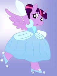 Size: 3024x4032 | Tagged: safe, artist:joeysclues, twilight sparkle, alicorn, pony, g4, alternate hairstyle, cinderella, clothes, dress, evening gloves, female, glass slipper (footwear), glass slippers, gloves, gown, long gloves, mare, poofy shoulders, smiling, solo, sparkles, spread wings, standing, twilight sparkle (alicorn), wings