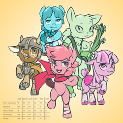 Size: 2048x2048 | Tagged: safe, artist:multiverseequine, derpibooru exclusive, oc, oc only, oc:bailey the diamond dog, oc:bo howdy, oc:himmel, oc:melon pouf, oc:rose lemonade, bull, diamond dog, earth pony, pony, unicorn, ambiguous gender, armor, bag, bandage, bard, calf, cape, clothes, colored, colt, cow oc, diamond dog oc, druid, dungeons and dragons, ear piercing, earth pony oc, fantasy class, femboy, fighter, flute, foal, freckles, gloves, gradient background, group, group shot, helmet, high res, horn, looking at you, male, monk, monochrome, musical instrument, non-pony oc, numbers, pen and paper rpg, piercing, pose, quintet, rpg, saddle bag, scarf, shoes, short tail, smiling, socks, staff, stats, tail, text, two toned mane, unicorn oc, wall of tags, wizard