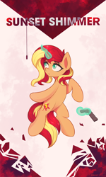 Size: 3000x5000 | Tagged: safe, artist:stravy_vox, sunset shimmer, pony, unicorn, g4, abstract background, control, crossover, female, gun, high res, magic, mare, solo, telekinesis, weapon