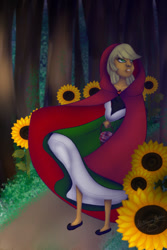Size: 400x600 | Tagged: safe, artist:snowdeer97, applejack, human, equestria girls, g4, basket, clothes, dark, fairy tale, female, flower, forest, little red riding hood, lost, path, shoes, solo, sunflower