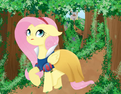Size: 1024x791 | Tagged: safe, artist:snowdeer97, fluttershy, pegasus, pony, g4, castle, clothes, dress, female, folded wings, forest, mare, path, snow white, solo, walking, wings