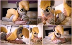 Size: 4000x2500 | Tagged: safe, artist:lanacraft, derpy hooves, pegasus, pony, g4, clothes, cute, female, hoodie, irl, life size, lying down, mare, photo, plushie, prone, socks, solo, sploot, striped socks