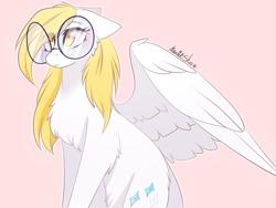 Size: 1400x1050 | Tagged: safe, artist:krissstudios, oc, oc only, oc:sally lovely, pegasus, pony, chest fluff, female, floppy ears, glasses, mare, partially open wings, pink background, signature, simple background, solo, wings