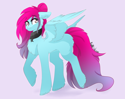 Size: 2200x1750 | Tagged: safe, artist:krissstudios, oc, oc only, pegasus, pony, chest fluff, female, gradient mane, gradient tail, mare, partially open wings, purple background, signature, simple background, solo, standing, tail, unshorn fetlocks, wings