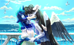 Size: 2600x1600 | Tagged: safe, artist:teaflower300, oc, oc only, bird, pegasus, seagull, unicorn, anthro, anthro oc, clothes, dress, eyes closed, female, fence, floppy ears, high res, horn, kissing, lesbian, oc x oc, ocean, outdoors, partially open wings, pegasus oc, shipping, shirt, unicorn oc, water, waterfront, wings