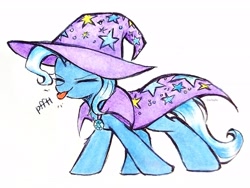Size: 2574x1931 | Tagged: safe, artist:liaaqila, trixie, pony, unicorn, g4, :p, brooch, cape, clothes, commission, cute, diatrixes, eyebrows, eyes closed, female, hat, high res, horn, jewelry, mare, onomatopoeia, raspberry, raspberry noise, signature, simple background, solo, tongue out, traditional art, trixie's brooch, trixie's cape, trixie's hat, white background, wizard hat