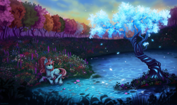 Size: 2697x1600 | Tagged: safe, artist:rozmed, oc, oc only, oc:p.p.a, pony, unicorn, chest fluff, female, flower, forest, grass, horn, lake, lily (flower), lilypad, lying down, mare, meadow, nature, outdoors, ponytail, solo, tree, unshorn fetlocks, water