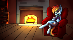 Size: 2574x1404 | Tagged: safe, artist:vennever, rainbow dash, pegasus, pony, semi-anthro, rainbow dash presents, g4, arm hooves, book, chair, fire, fireplace, solo