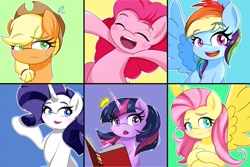 Size: 2048x1365 | Tagged: safe, artist:zeon_starlight, applejack, fluttershy, pinkie pie, rainbow dash, rarity, twilight sparkle, earth pony, pegasus, pony, unicorn, g4, applejack's hat, blushing, book, bust, colored eyebrows, cowboy hat, emanata, eye clipping through hair, eyebrows, eyebrows visible through hair, eyes closed, female, freckles, group, hat, horn, looking at you, mane six, mare, open mouth, open smile, portrait, reading, sextet, smiling, smiling at you, spread wings, sweat, unicorn twilight, wings