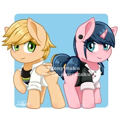 Size: 1440x1440 | Tagged: safe, artist:jponyotaku, pegasus, pony, unicorn, adrien agreste, crossover, duo, duo male and female, ear piercing, earring, female, jewelry, looking at you, male, mare, marinette dupain-cheng, miraculous ladybug, passepartout, piercing, ponified, smiling, smiling at you, stallion, watermark