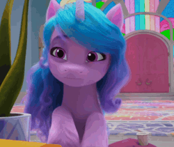 Size: 1268x1070 | Tagged: safe, screencap, izzy moonbow, pony, unicorn, family trees, g5, my little pony: make your mark, my little pony: make your mark chapter 5, spoiler:g5, spoiler:my little pony: make your mark, spoiler:my little pony: make your mark chapter 5, spoiler:mymc05e02, animated, cropped, crystal brighthouse, door, gasp, gif, house plant, shocked, shocked expression, solo, stained glass, surprised, teeth