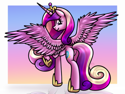 Size: 3975x3000 | Tagged: safe, alternate version, artist:sadfloorlamp, princess cadance, alicorn, pony, g4, abstract background, beautiful, butt, colored, concave belly, crown, curly mane, curly tail, cute, cutedance, featureless crotch, female, frame, gradient background, heart, heart eyes, high res, hoof shoes, horn, jewelry, large wings, lightly watermarked, long horn, long mane, long tail, looking at you, looking back, looking back at you, lovebutt, mare, passepartout, plot, princess shoes, quadrupedal, raised hoof, reflection, regalia, shading, showing off, slender, smiling, smiling at you, solo, spread wings, tail, thin, watermark, wingding eyes, wings