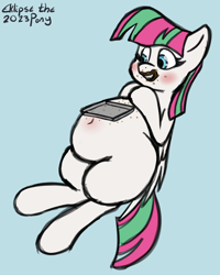 Size: 1000x1252 | Tagged: safe, artist:eklipsethepony, blossomforth, pegasus, pony, g4, adorafatty, adoraforth, baking sheet, belly, belly blush, belly button, big belly, blushing, chubby, crumbs, cute, eating, fat, female, food, frosting, happy, mare, messy eating, missing cutie mark, smiling, solo, stuffed, stuffed belly