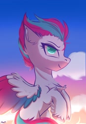 Size: 1038x1493 | Tagged: safe, artist:maxi_ponie, zipp storm, pegasus, pony, g5, chest fluff, cloud, colored wings, eyebrows, female, flying, hoof fluff, mare, multicolored wings, profile, signature, sky, solo, spread wings, unshorn fetlocks, wings