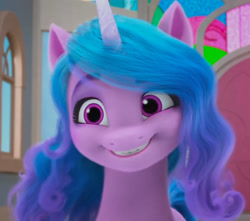 Size: 1506x1334 | Tagged: safe, screencap, izzy moonbow, pony, unicorn, family trees, g5, my little pony: make your mark, my little pony: make your mark chapter 5, spoiler:g5, spoiler:my little pony: make your mark, spoiler:my little pony: make your mark chapter 5, spoiler:mymc05e02, cropped, crystal brighthouse, cute, female, izzybetes, looking at you, mare, smiling, smiling at you, solo, teeth