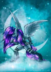 Size: 1748x2480 | Tagged: safe, artist:sweetpea-and-friends, oc, oc only, oc:fluorspark, pegasus, anthro, boots, clothes, emo, fangs, female, fishnet gloves, knee-high boots, mare, metal, microphone, moon, piercing, shoes, shorts, singing, solo